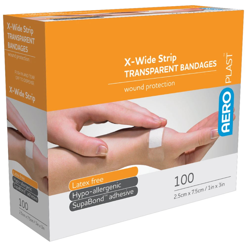 AEROPLAST Transparent X-Wide Strip 7.5 x 2.5cm Box/100