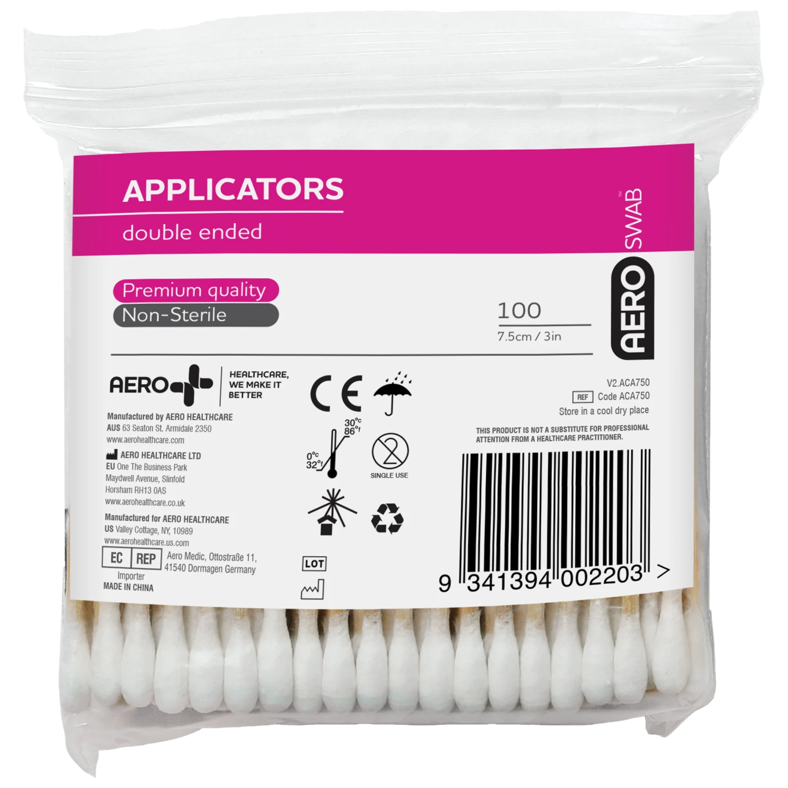 AEROSWAB 7.5cm Bamboo Double End Applicators Bag/100